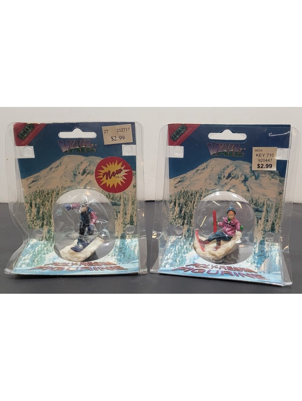 Vtg 1996 Lemax Snowboarder Skier Vail Village Christmas #62165 & #62168-Lot of 2